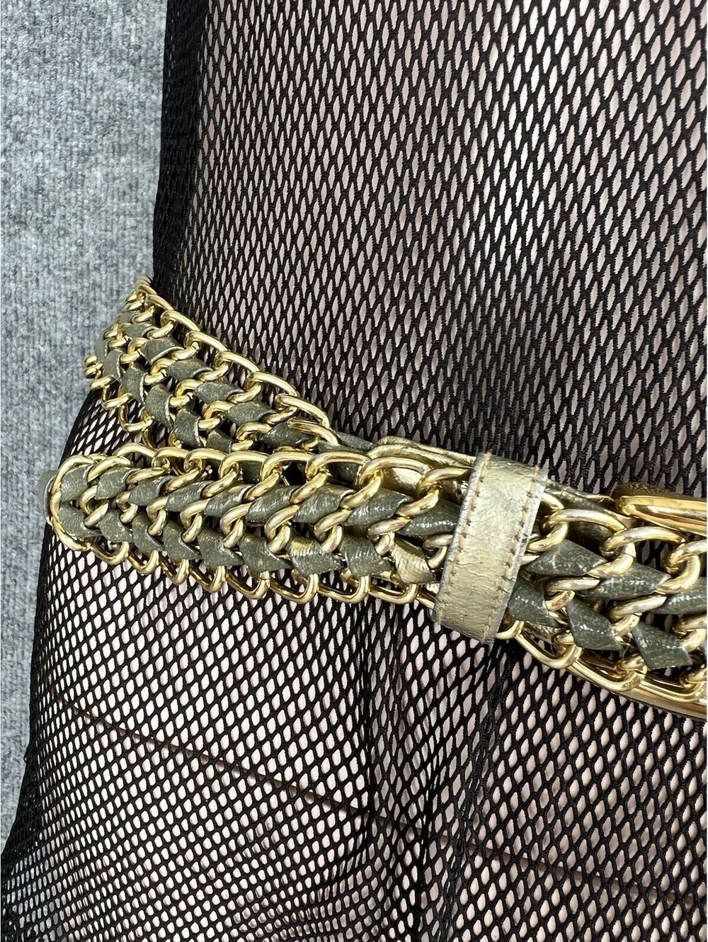 Retro Metallic Gold Green Woven Mesh Chain Belt Braided Crochet Size S/ M.